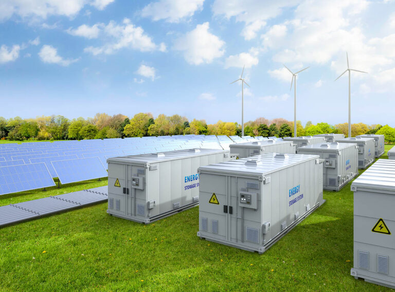 3d rendering amount of energy storage systems or battery container units with solar and turbine farm