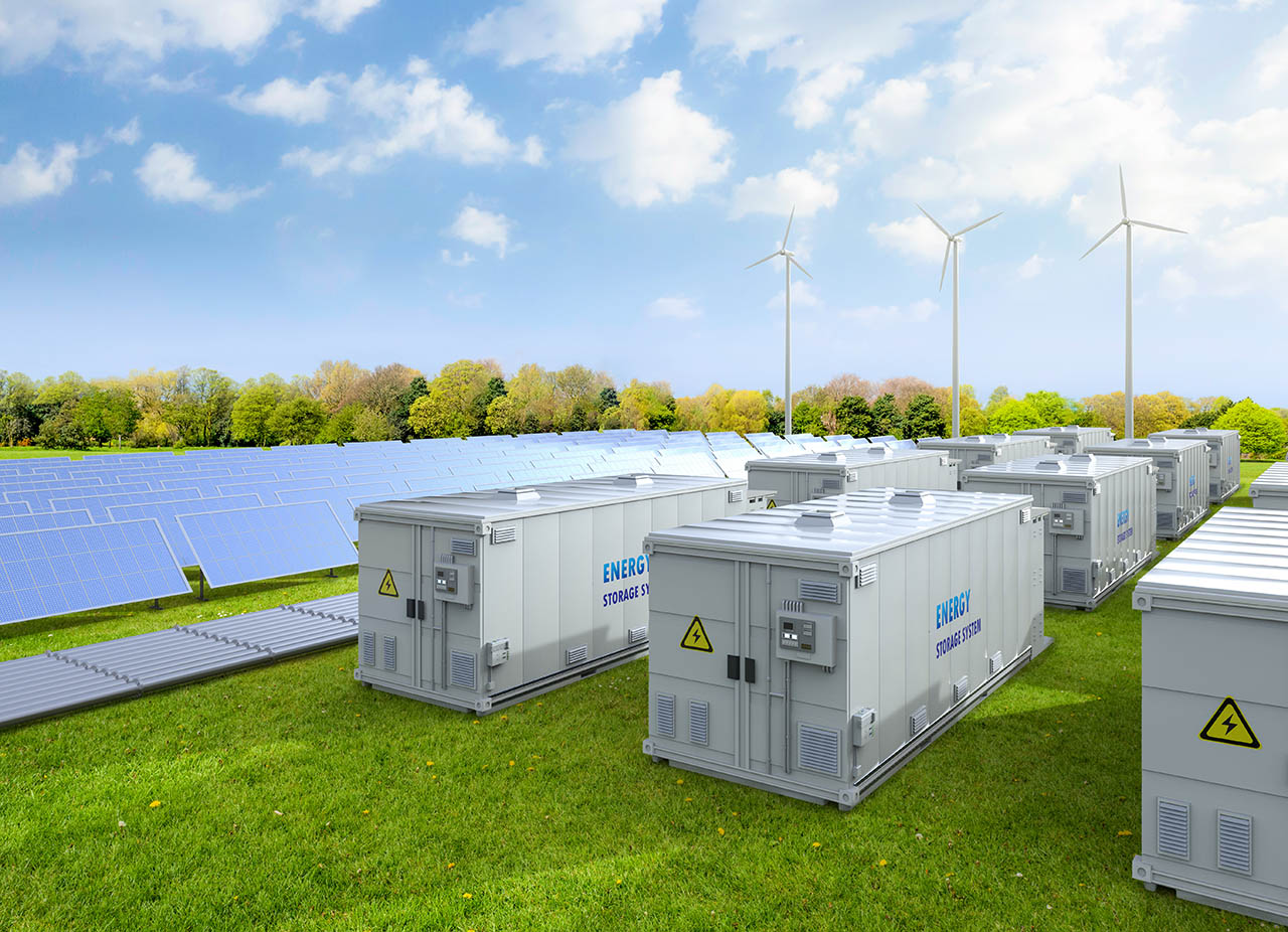 3d rendering amount of energy storage systems or battery container units with solar and turbine farm